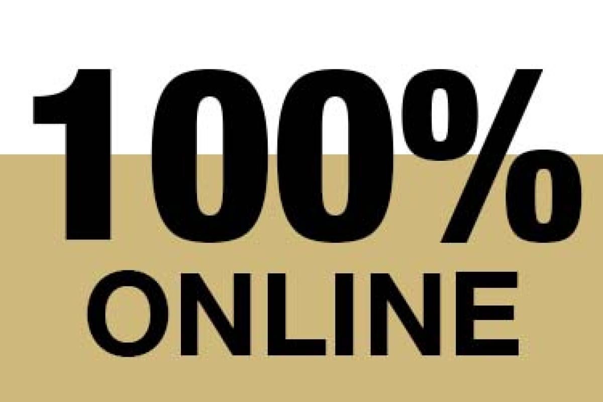 100% online bolded text over gold and white background