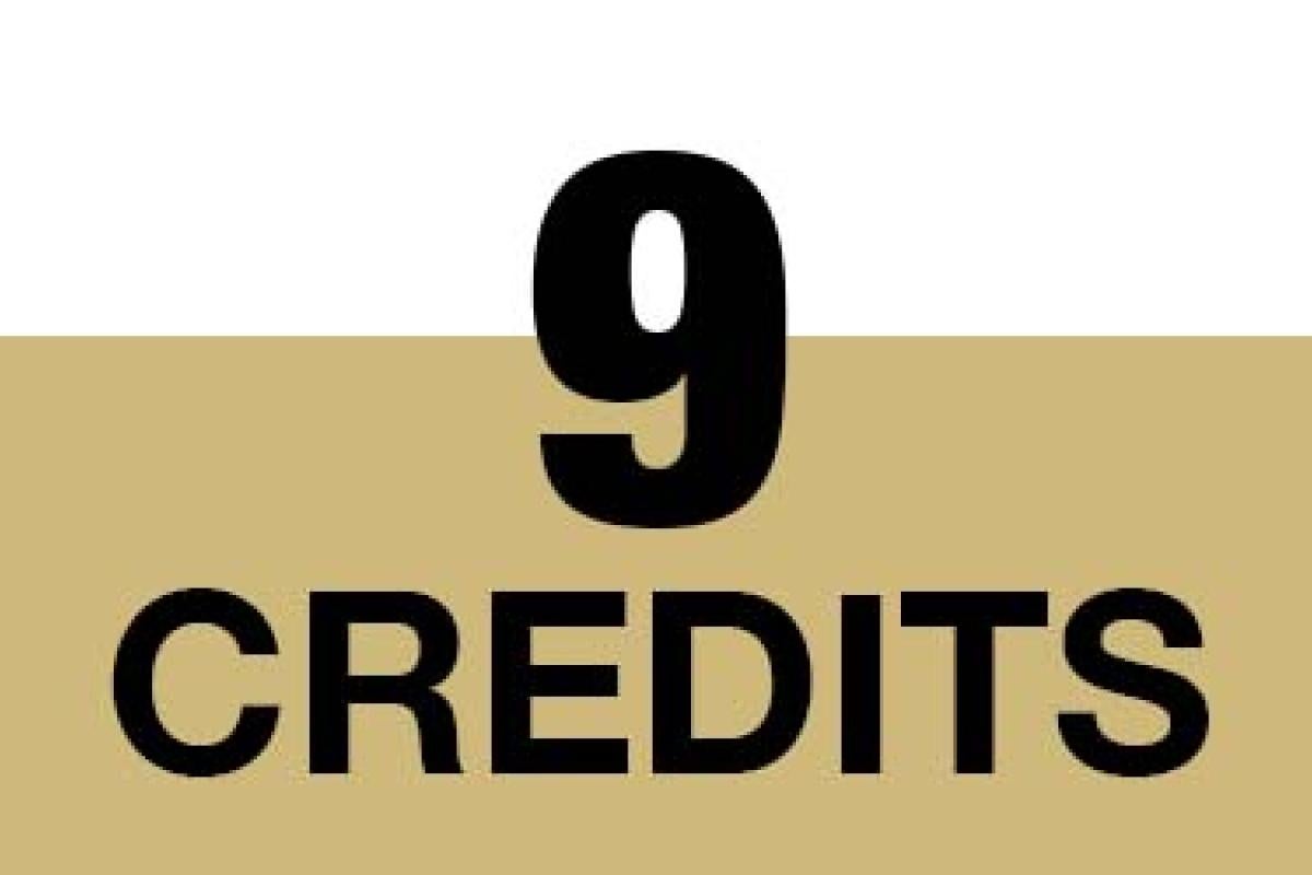 9 credits bold text over gold bar