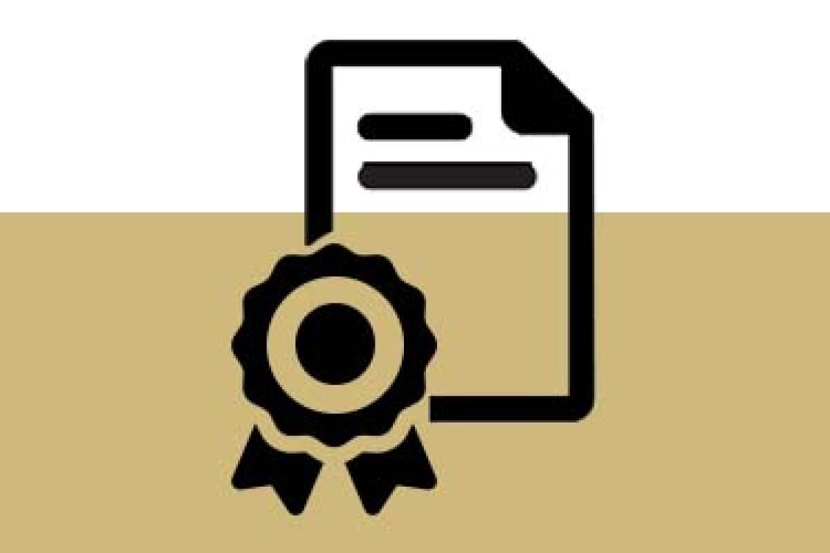 Folded paper icon with ribbon award in bottom left corner overlayed over gold bar