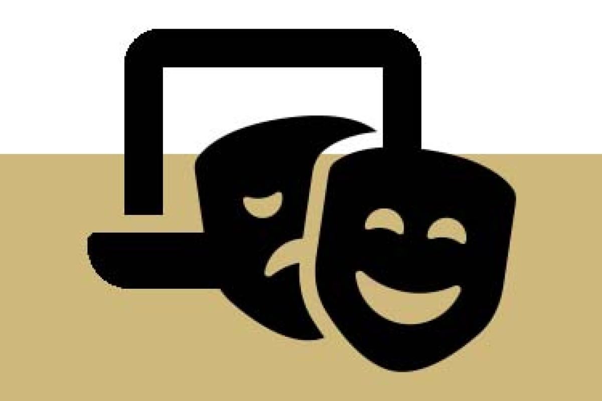 Laptop icon with drama mask icons overlaying on top of gold bar