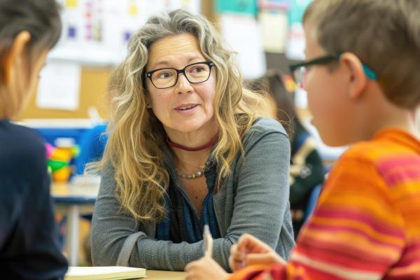 Female teacher working with a male student with glasses