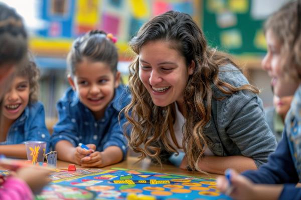 A young female teacher working with children around a game